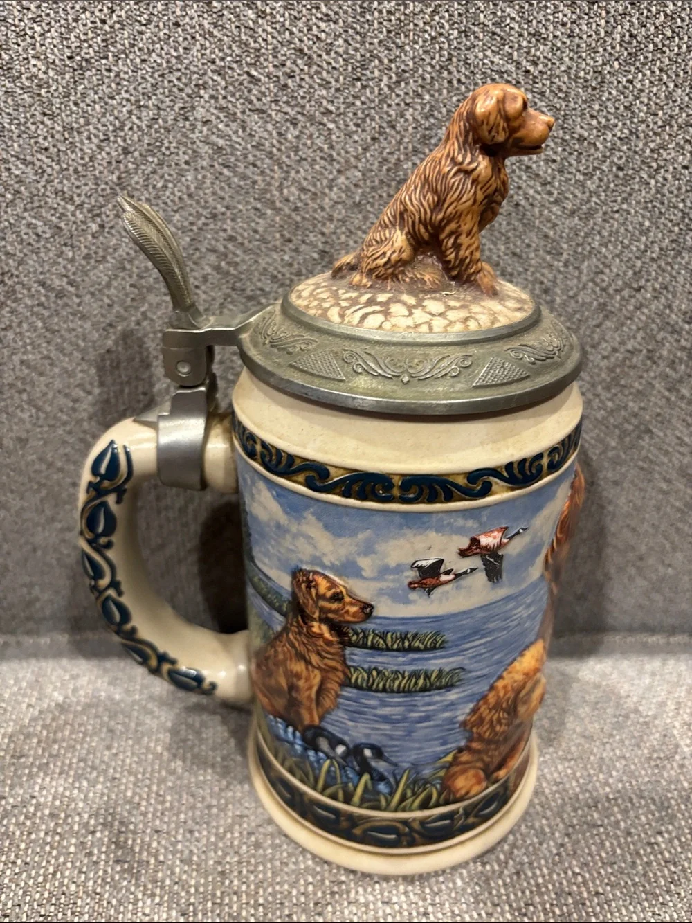 Decorative Ceramic Dog-Themed Beer Stein in Brown and Blue